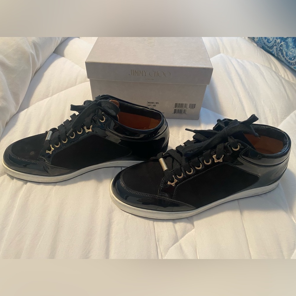 Jimmy Choo Black Suede and Patent Leather Miami sneakers